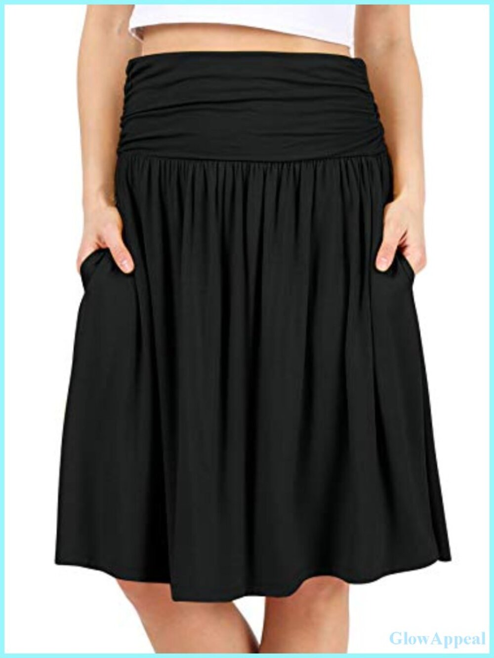Women's Ruched Jersey Midi Skirt with Pockets A-Line Pull-On